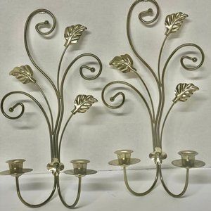 Pair of Home Interiors Metal Wall Sconces. Scroll/Leaf Hollywood Regency Gold